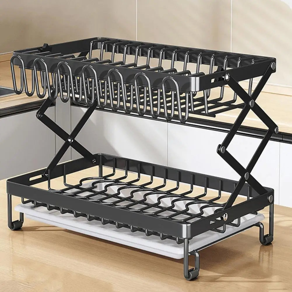 Kitchen Counter Dish Rack Adjustable 2-tier Dish Rack with Wine Glass Holder Utensil Holder Strong Load-bearing Kitchen Counter