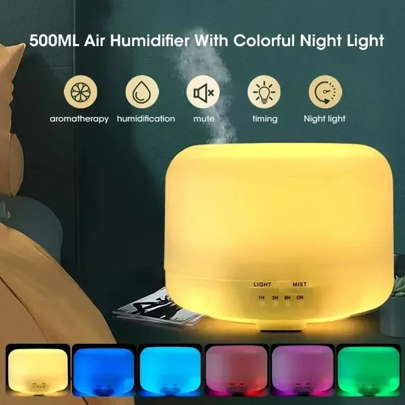 500ML Mini Humidifier USB Wood Grain Aroma Diffuser, Air Humidifier with Colorful Night Lights, Essential Oil Diffuser Machine
