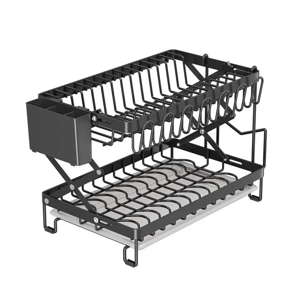 Kitchen Counter Dish Rack Adjustable 2-tier Dish Rack with Wine Glass Holder Utensil Holder Strong Load-bearing Kitchen Counter