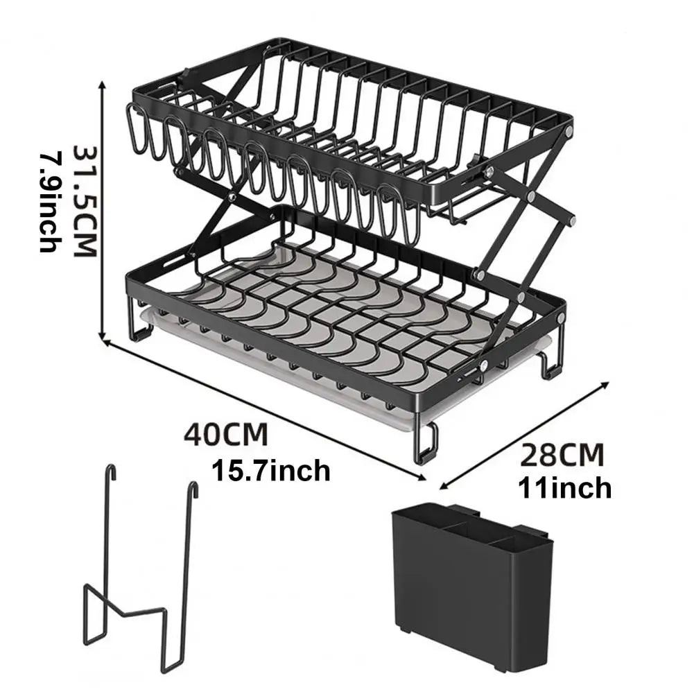Kitchen Counter Dish Rack Adjustable 2-tier Dish Rack with Wine Glass Holder Utensil Holder Strong Load-bearing Kitchen Counter